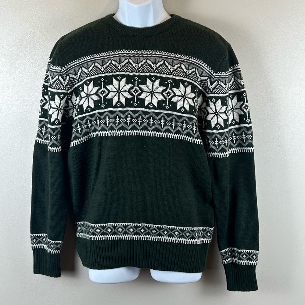 H2H Fair Isle Sweater‎ Mens Green White & Gray Acrylic Cabincore Holiday